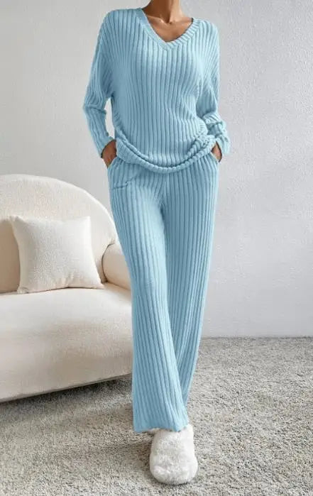 Pyjama femme bleu clair à rayures, ensemble col V confortable avec pantalon large et poches