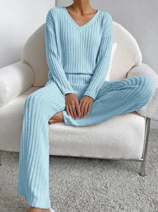 Pyjama femme bleu clair à rayures, ensemble col V confortable avec pantalon large et poches